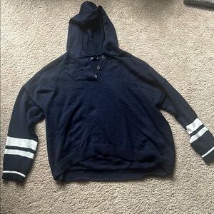 Navy Blue Hooded Sweater with Striped Sleeves